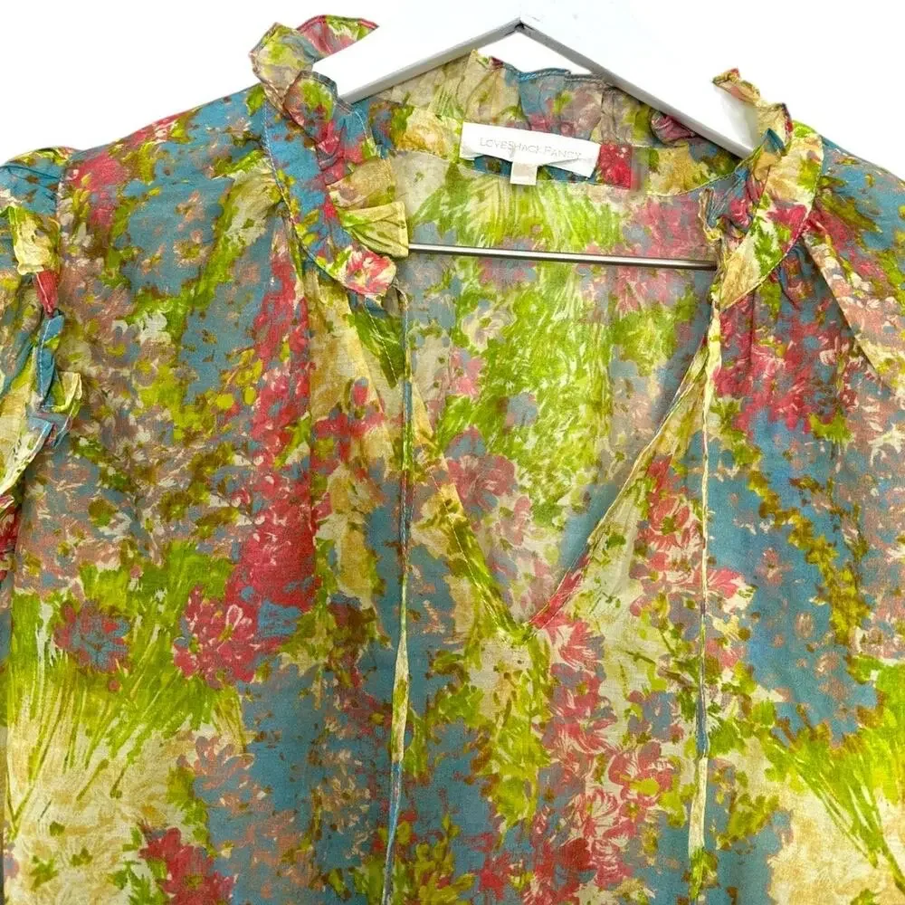 LoveShackFancy Floral Ruffle Blouse Cotton Silk Sheer Romantic Top Size Large